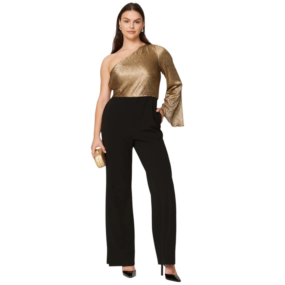 Lauren Ralph Lauren Elegant Chic Gold One Shoulder Jumpsuit Wide Leg Size 8 NWT